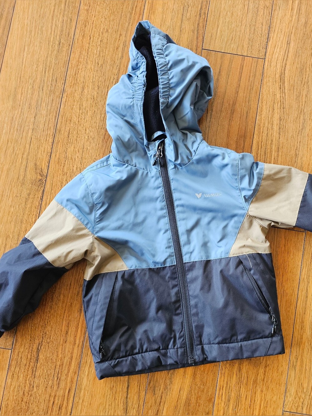 AMO Colorblock Hooded Rain Jacket in Light Blue, Tan & Navy